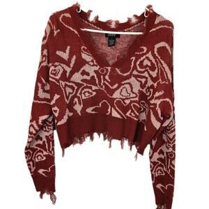 Thrashed Distressed Look Just Polly Sweater HEART RED WHITE Grunge Punk Vneck